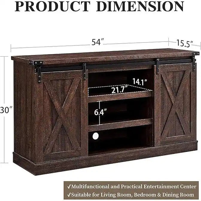 Meuble TV console média en bois avec portes coulissantes façon grange et étagère ouverte