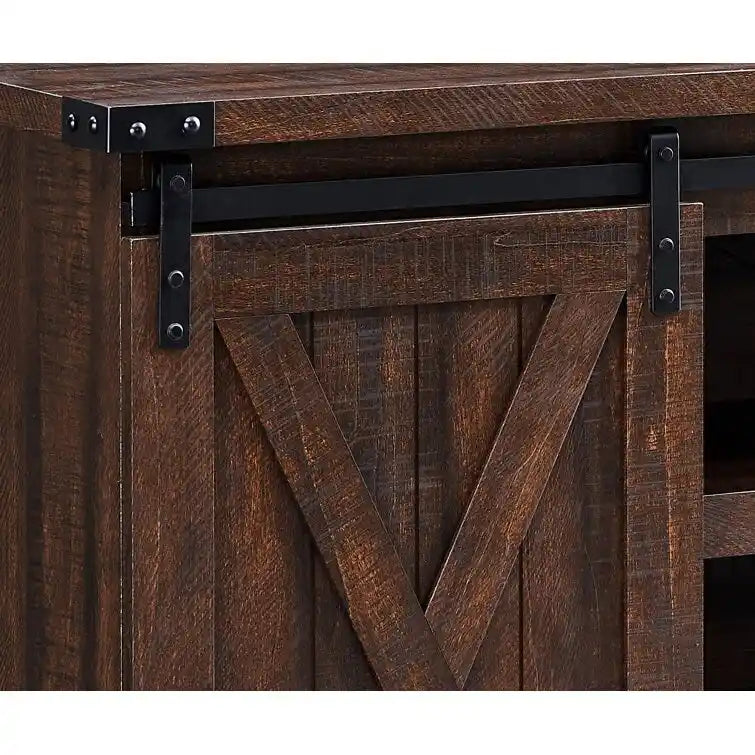 Meuble TV console média en bois avec portes coulissantes façon grange et étagère ouverte