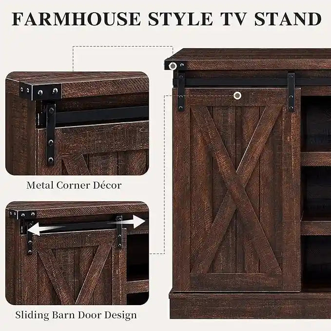 Meuble TV console média en bois avec portes coulissantes façon grange et étagère ouverte
