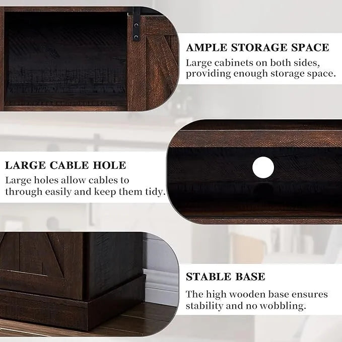 Meuble TV console média en bois avec portes coulissantes façon grange et étagère ouverte