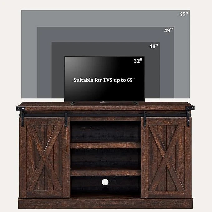 Meuble TV console média en bois avec portes coulissantes façon grange et étagère ouverte