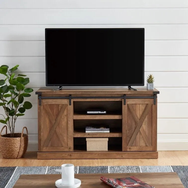 Meuble TV console média en bois avec portes coulissantes façon grange et étagère ouverte