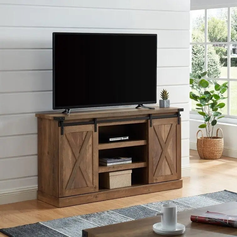 Meuble TV console média en bois avec portes coulissantes façon grange et étagère ouverte