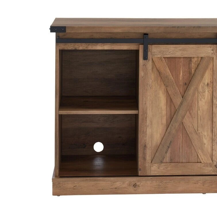 Meuble TV console média en bois avec portes coulissantes façon grange et étagère ouverte