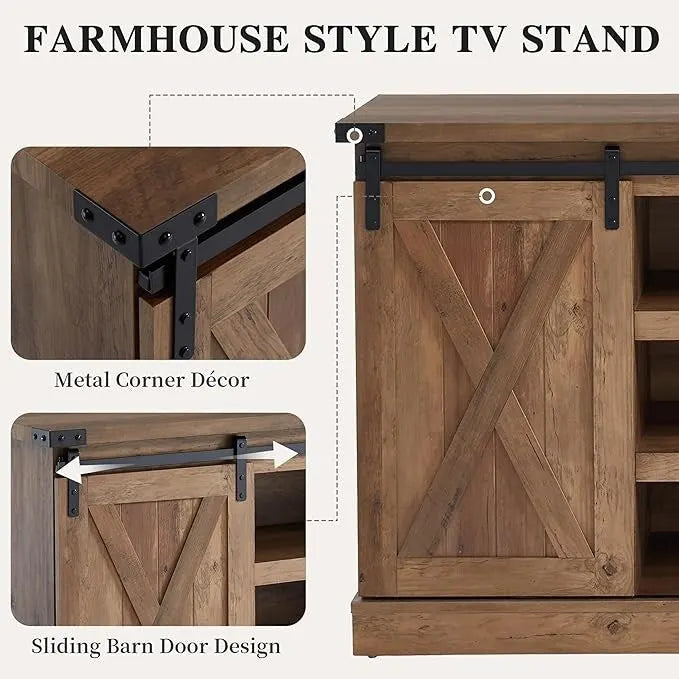 Meuble TV console média en bois avec portes coulissantes façon grange et étagère ouverte
