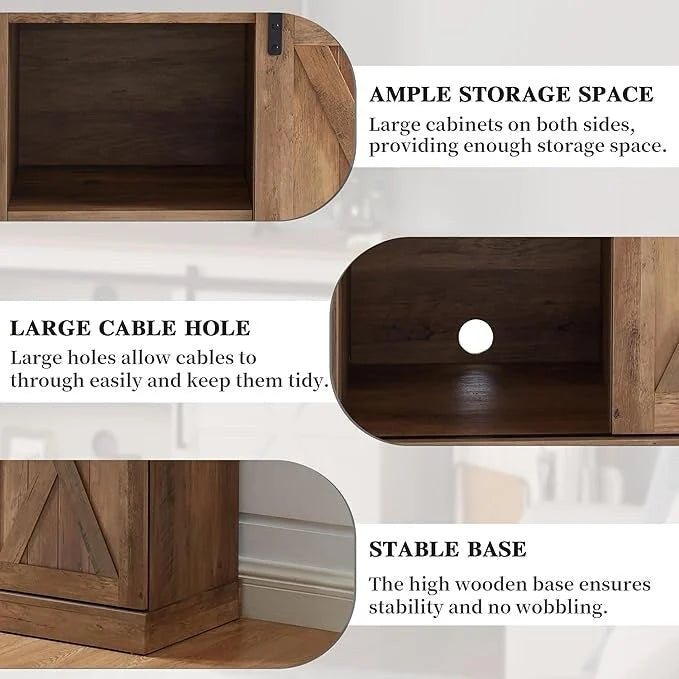 Meuble TV console média en bois avec portes coulissantes façon grange et étagère ouverte