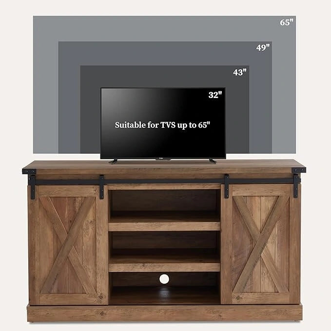 Meuble TV console média en bois avec portes coulissantes façon grange et étagère ouverte