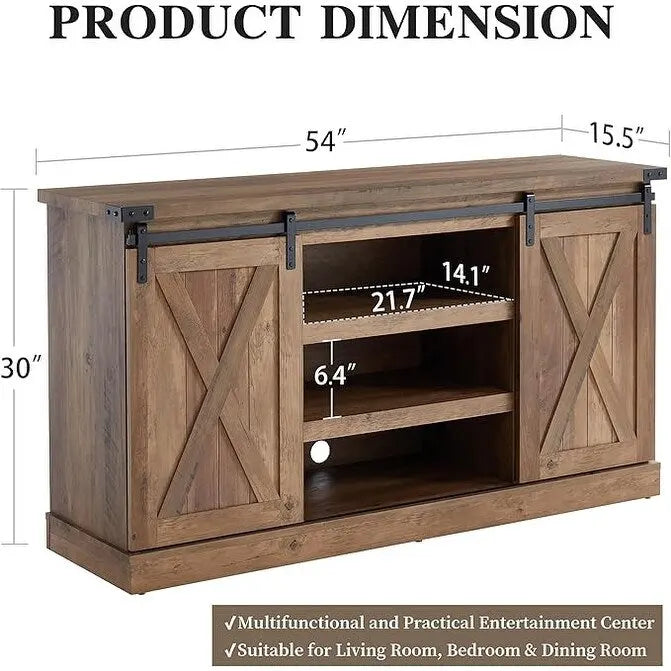 Meuble TV console média en bois avec portes coulissantes façon grange et étagère ouverte