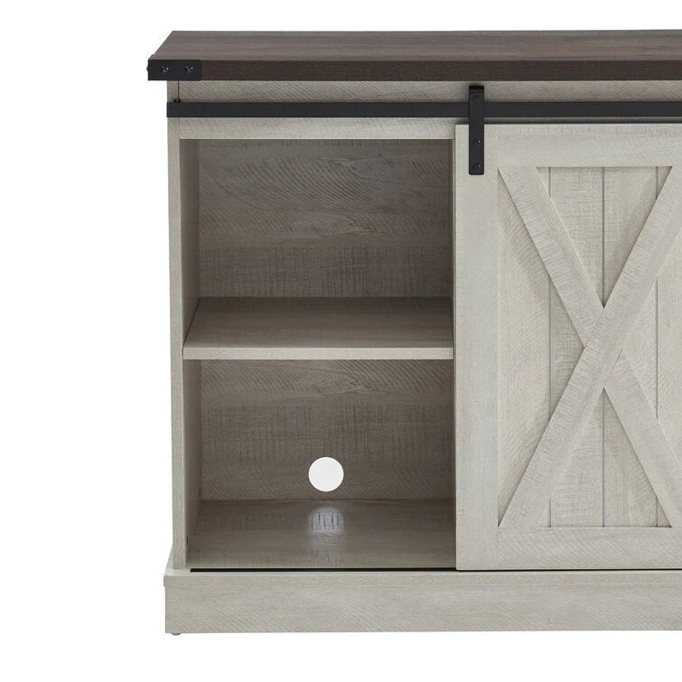 Meuble TV console média en bois avec portes coulissantes façon grange et étagère ouverte