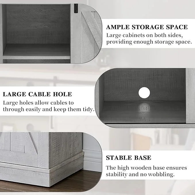 Meuble TV console média en bois avec portes coulissantes façon grange et étagère ouverte