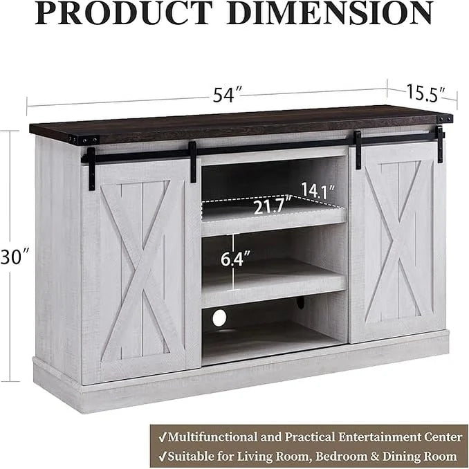 Meuble TV console média en bois avec portes coulissantes façon grange et étagère ouverte