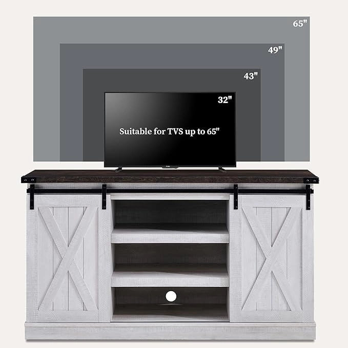 Meuble TV console média en bois avec portes coulissantes façon grange et étagère ouverte