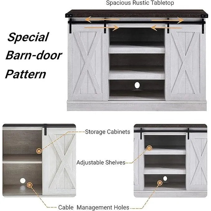 Meuble TV console média en bois avec portes coulissantes façon grange et étagère ouverte